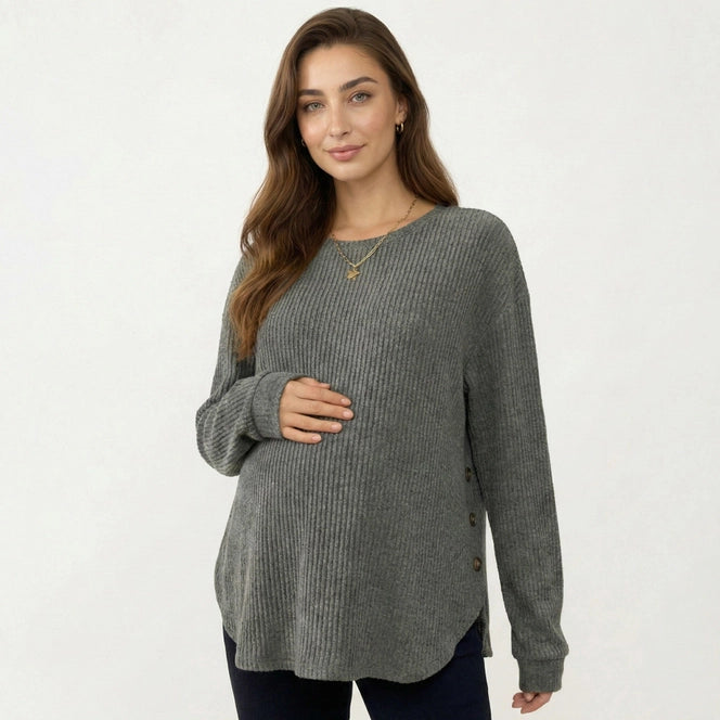 Maternity Long Sleeve Ribbed Knit Top with Crew Neck