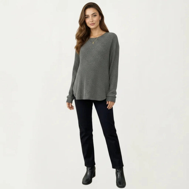 Maternity Long Sleeve Ribbed Knit Top with Crew Neck