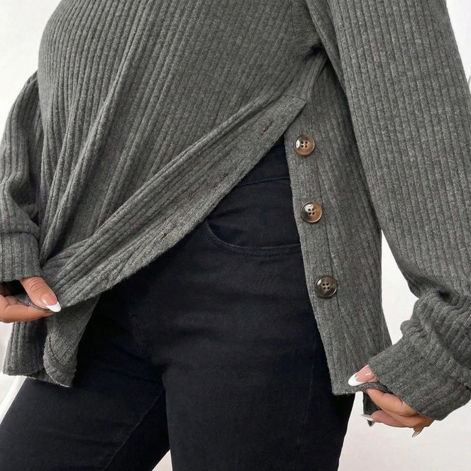 Maternity Long Sleeve Ribbed Knit Top with Crew Neck