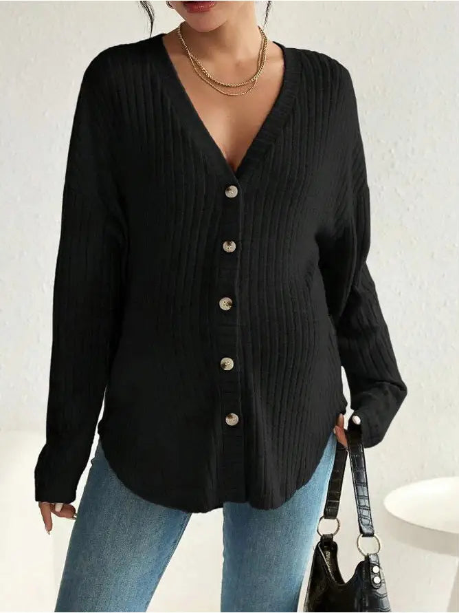 Maternity Ribbed Button Front V Neck Cardigan