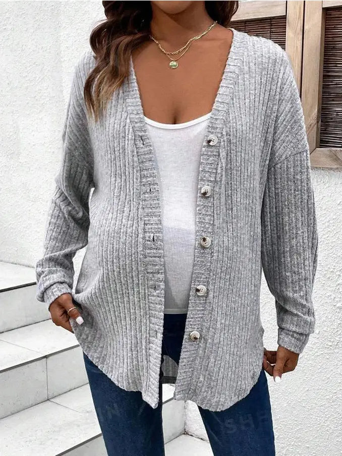 Maternity Ribbed Button Front V Neck Cardigan