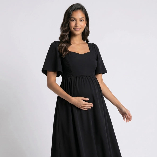 Maternity V Neck Midi Dress with Flutter Sleeves and Smocked