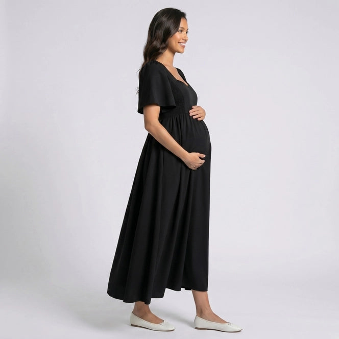 Maternity V Neck Midi Dress with Flutter Sleeves and Smocked