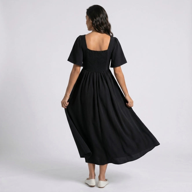 Maternity V Neck Midi Dress with Flutter Sleeves and Smocked