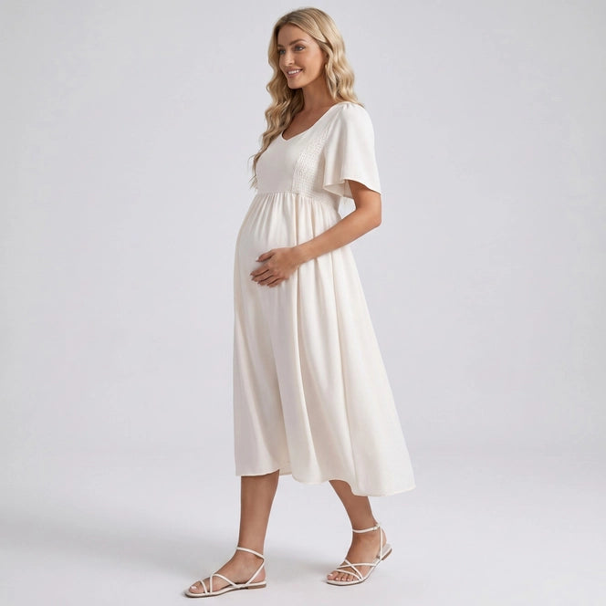 Maternity V Neck Midi Dress with Flutter Sleeves and Smocked