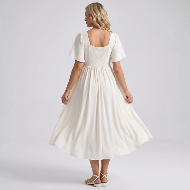 Maternity V Neck Midi Dress with Flutter Sleeves and Smocked