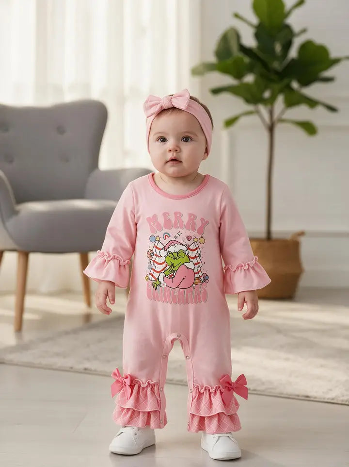 Merry Grin-Mas Pink Printed Baby Romper