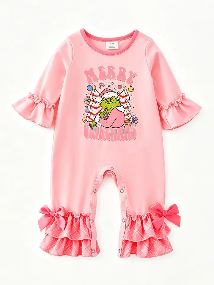 Merry Grin-Mas Pink Printed Baby Romper