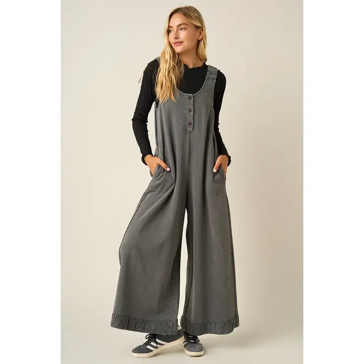 Mineral Wash Ruffle Hem Henley Jumpsuit