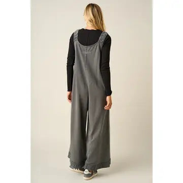 Mineral Wash Ruffle Hem Henley Jumpsuit