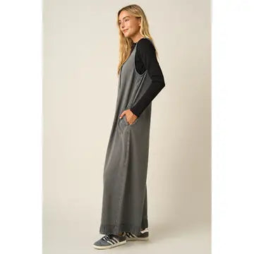 Mineral Wash Ruffle Hem Henley Jumpsuit
