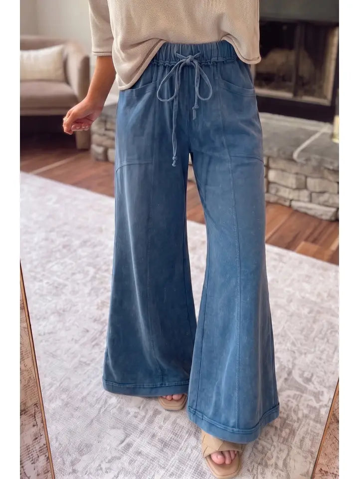 Mineral Wash Seam Detail Flare Leg Drawstring Pants