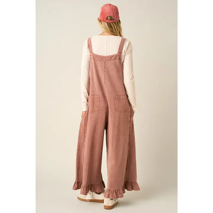 Mineral Washed Ruffle Hem Overall Jumpsuit