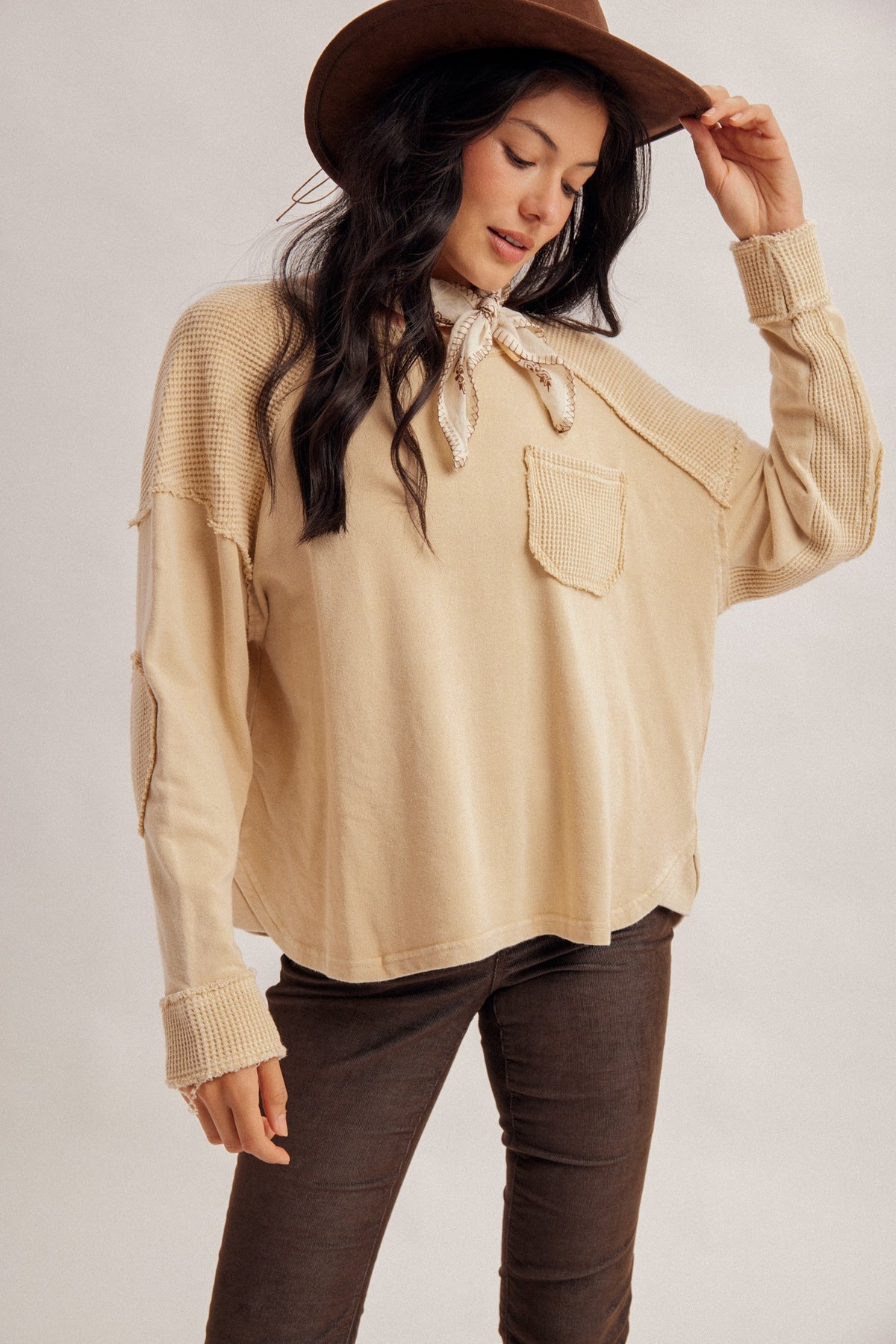 Mineral Washed Waffle Fabric Mixed Terry Top