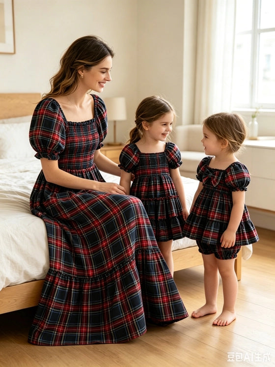 Mommy & Me Christmas Plaid Dresses & Baby Bloomer Set