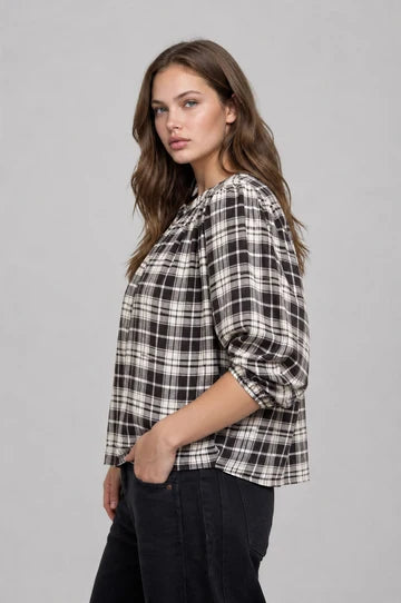 PLUS PLAID ROUND NECK BUTTON FRONT 3/4 SLEEVE TOP