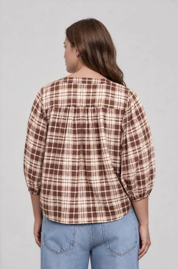 PLUS PLAID ROUND NECK BUTTON FRONT 3/4 SLEEVE TOP