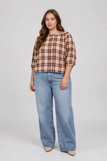 PLUS PLAID ROUND NECK BUTTON FRONT 3/4 SLEEVE TOP