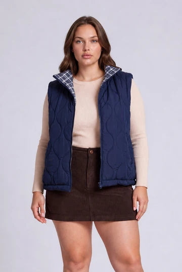 PLUS PLAID COLLAR QUILTED ZIP-UP VEST