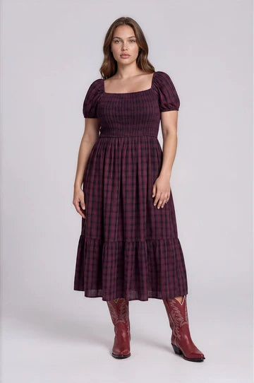 PLUS PLAID SMOCKED PUFF SLEEVE TIERED MIDI DRESS