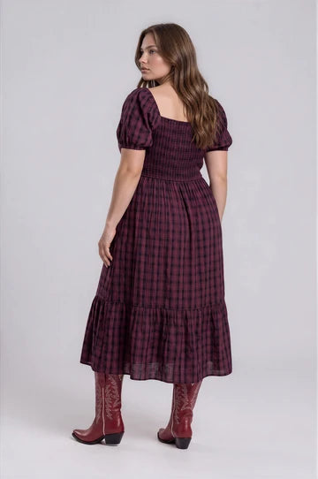 PLUS PLAID SMOCKED PUFF SLEEVE TIERED MIDI DRESS