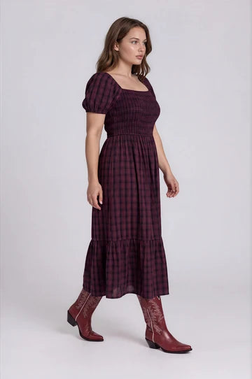 PLUS PLAID SMOCKED PUFF SLEEVE TIERED MIDI DRESS