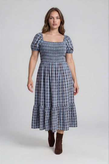 PLUS PLAID SMOCKED PUFF SLEEVE TIERED MIDI DRESS