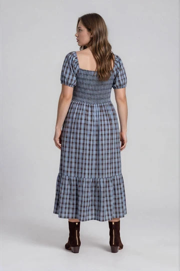 PLUS PLAID SMOCKED PUFF SLEEVE TIERED MIDI DRESS