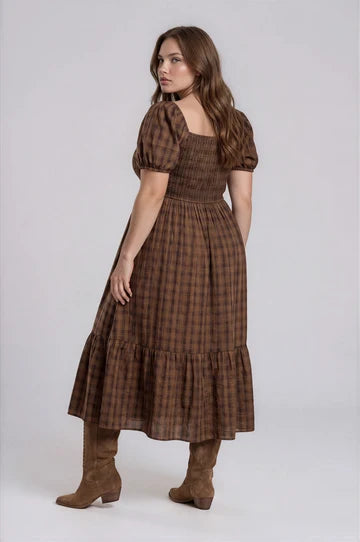 PLUS PLAID SMOCKED PUFF SLEEVE TIERED MIDI DRESS
