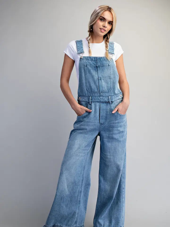 Snow Washed Ruffled Hem Overalls