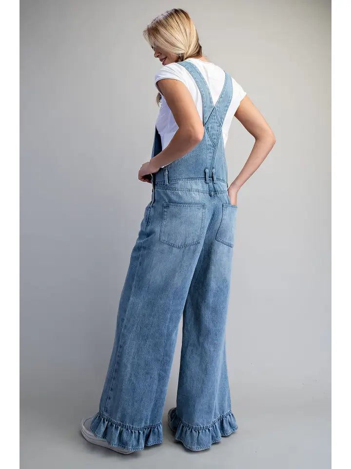 Snow Washed Ruffled Hem Overalls