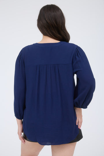PLUS FRONT TIE PLEATED FRONT 3/4 SLEEVE TOP