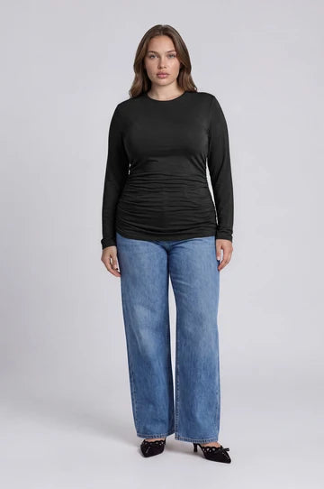 PLUS RUCHED SIDE LONG SLEEVE KNIT TOP