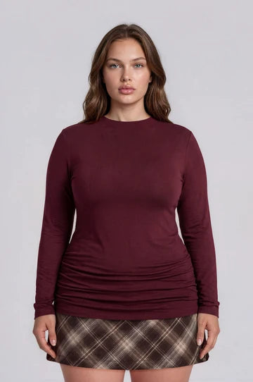 PLUS RUCHED SIDE LONG SLEEVE KNIT TOP