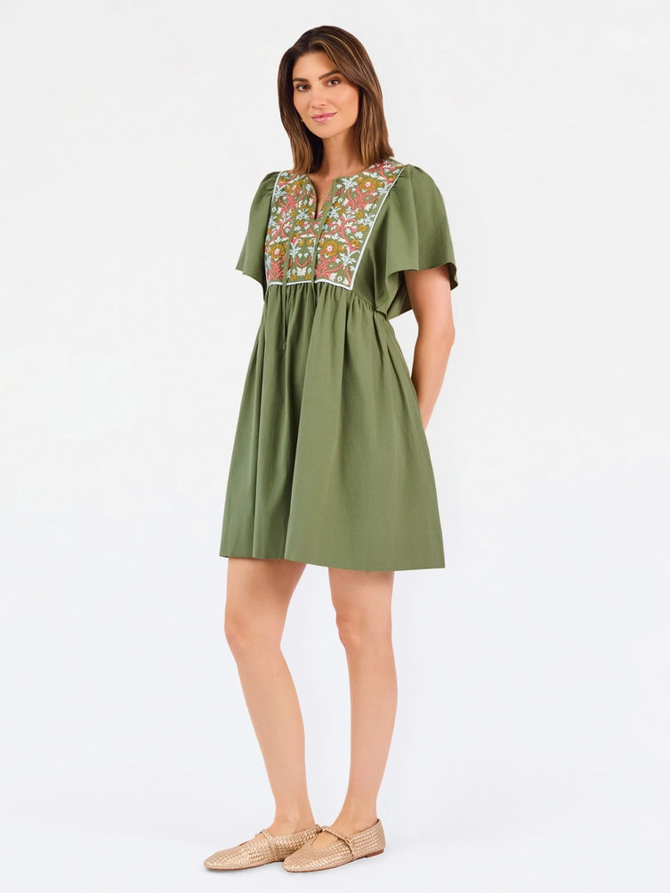 Mary Square Piper Embroidered Dress | Olive