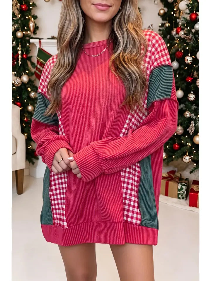 Plaid Colorblock Christmas Twist Rib Long Sleeve Top