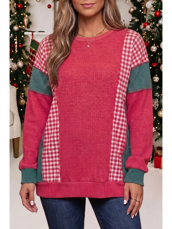 Plaid Colorblock Christmas Twist Rib Long Sleeve Top