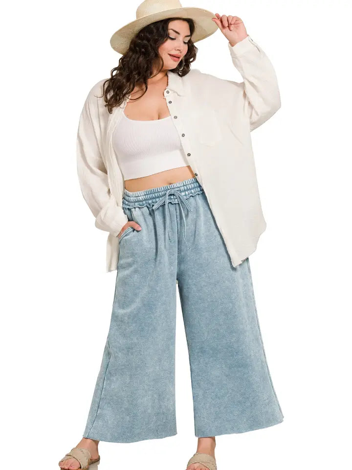 Plus Acid Wash Palazzo Sweatpants with Pockets