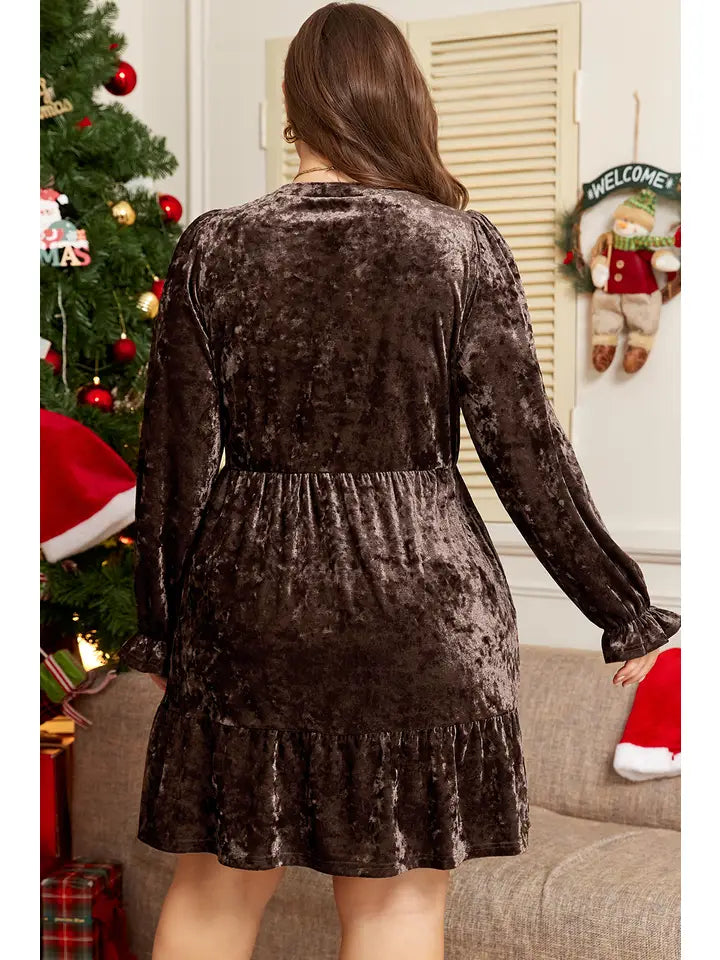 Plus Size Velvet Puff Sleeve Babydoll Mini Dress