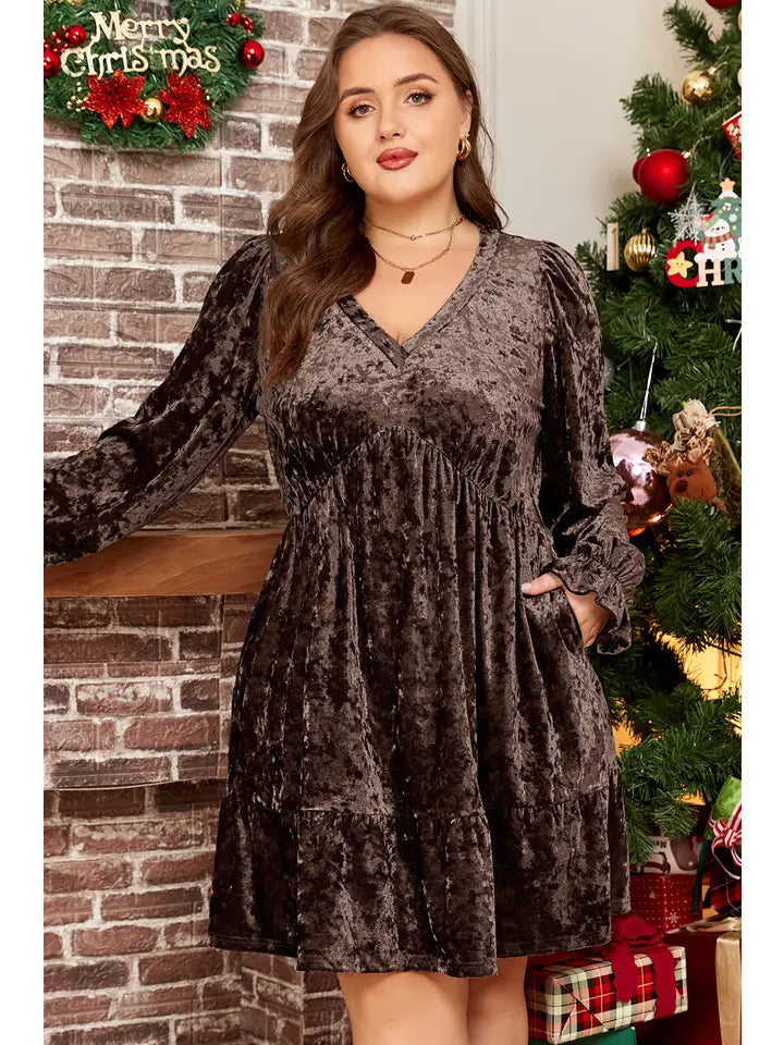 Plus Size Velvet Puff Sleeve Babydoll Mini Dress