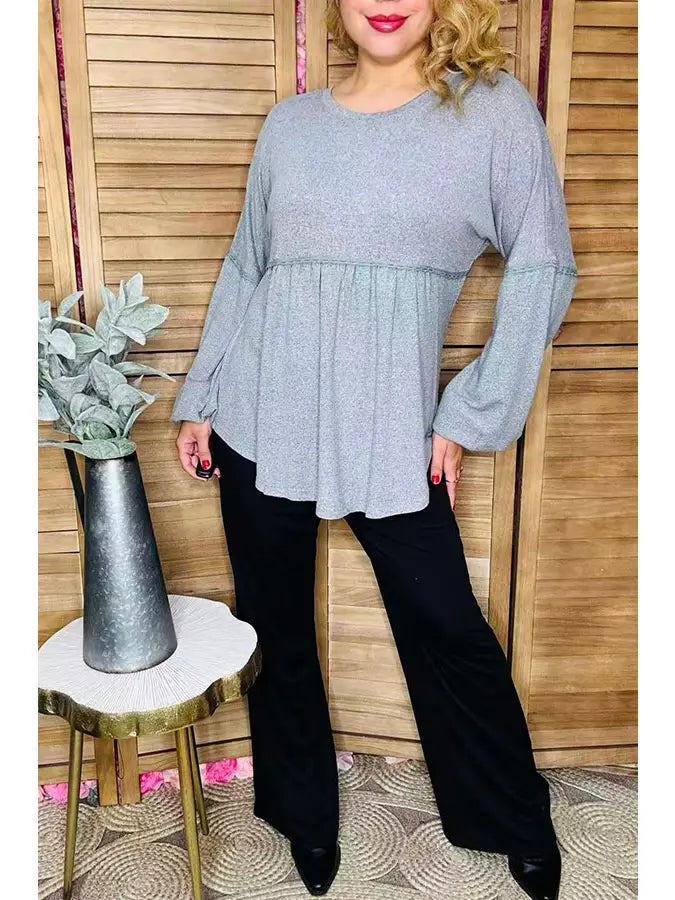 Plus size Grey baby doll long sleeve women top