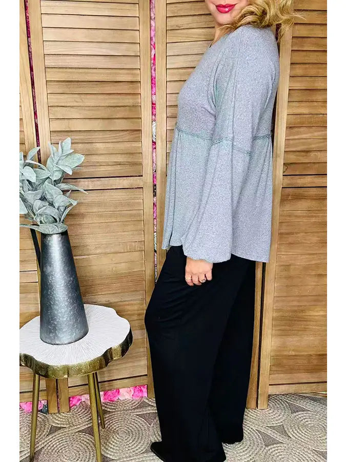 Plus size Grey baby doll long sleeve women top