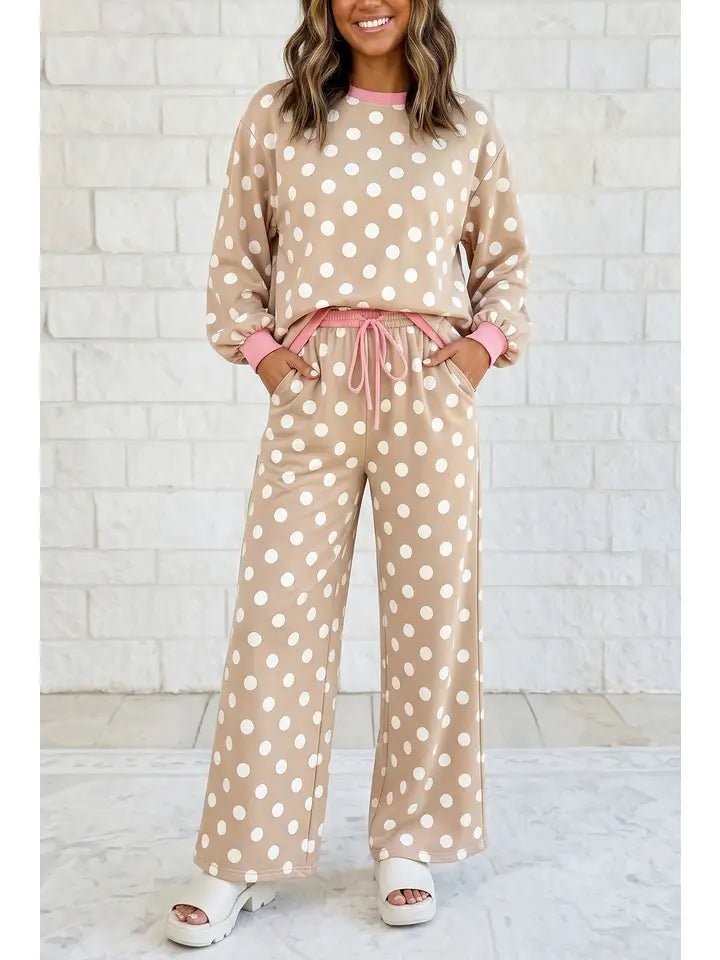 Polka Dot Contrast Trim Top Drawstring Shift Pants Set