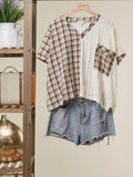 Print Half Cheker Short Sleeves V Neck Top
