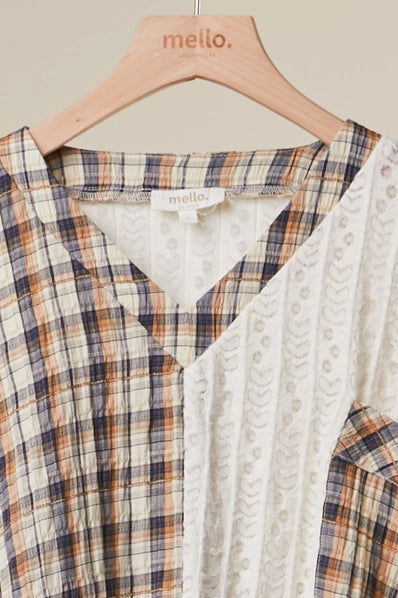 Print Half Cheker Short Sleeves V Neck Top