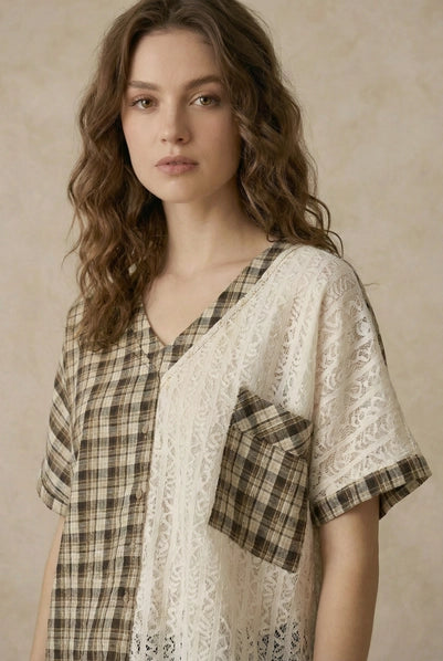 Print Half Cheker Short Sleeves V Neck Top