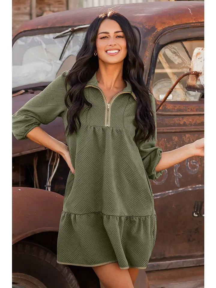 Quarter Zip Collar Bracelet Sleeve Textured Mini Dress
