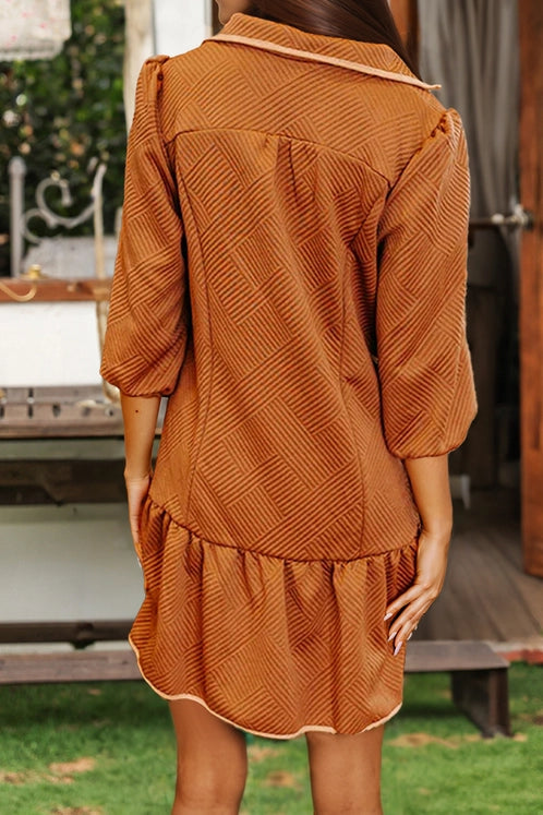 Quarter Zip Collar Bracelet Sleeve Textured Mini Dress