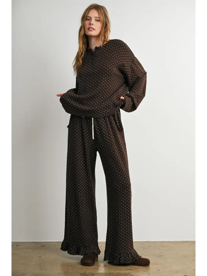 Ruffle Trim Polka Dot Wide Leg Trousers