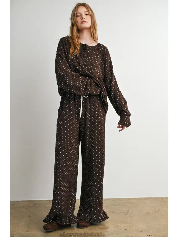 Ruffle Trim Polka Dot Wide Leg Trousers